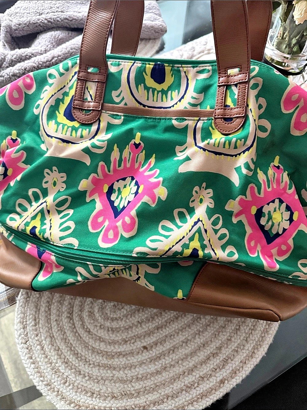 Stella & Dot Getaway Travel Bag Floral Tote Green & Brown